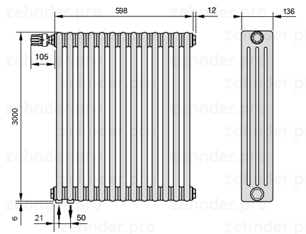 Схема (чертеж) Радиатор Zehnder Charleston 4300/13 №V001 Белый глянцевый RAL 9016